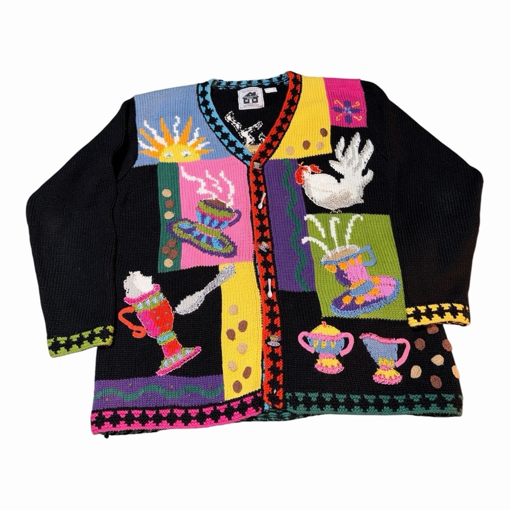 Vtg 90s Storybook Knits Morning Brew Coffee Cardigan Sweater Tea Grannycore L